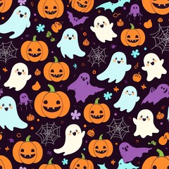 Naklejka premium Cute Halloween Pattern: Spooky Season Fun with Ghosts and Pumpkins