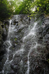 Mountain plateau with fascinating clear mountain waterfall among green trees with water flowing down rock in Georgia. Natural landscape. Ecotourism, travel concept, hot summer and dried up waterfall