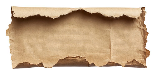 Torn piece of brown kraft paper with rough edges, isolated on transparent cutout background