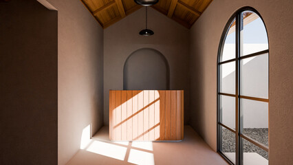 A room with a wooden desk and a window. The room is empty and the light is shining on the desk premium photo 3d render