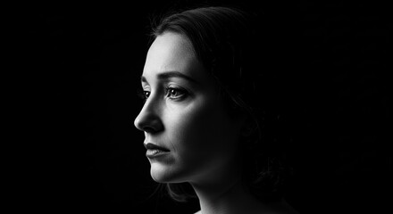 Fototapeta premium Contemplative Woman in Black and White Portrait - Thoughtful Profile with Dramatic Lighting on Dark Background.