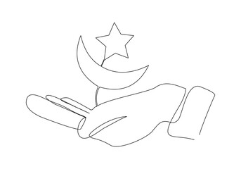 Continuous single line sketch drawing of hand holding islamic arabic crescent moon star ramadan kareem eid mubarak vector illustration