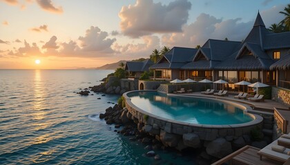 Luxury Over water Resort with Thatched Roofs Reflecting the Sunset Glow