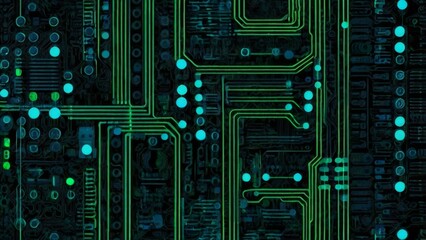 Fototapeta premium The design features abstract circuit lines, glowing binary code, and stylized semicolons subtly integrated into the pattern. The color scheme is a sleek combination of black, neon blue, and electric g