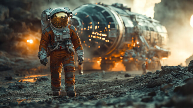 Space manufacturing engineers working on AI-assisted lunar mining, refining self-operating robotic excavation, optimizing real-time interplanetary material processing