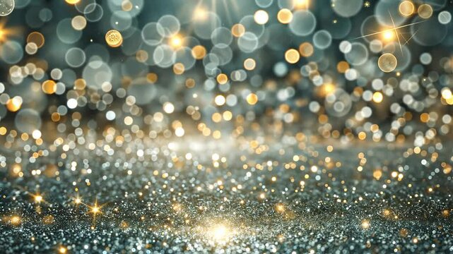 Festive silver background with sparkles and bokeh effect creates an atmosphere of magic and celebration. For decorating New Year, Christmas, weddings, postcards or creating a festive mood.