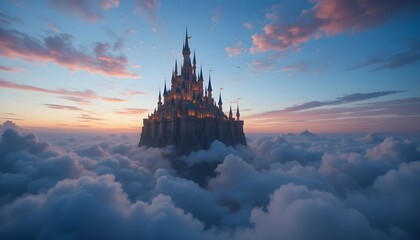 Floating Castle Above the Clouds Glowing in a Magical Twilight Sky