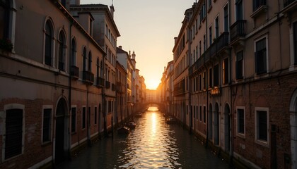 Naklejka premium Narrow Venetian Alley with a Canal Reflecting the Golden Twilight