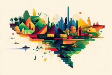 Obraz premium Colorful geometric illustration of a city skyline with varied elements
