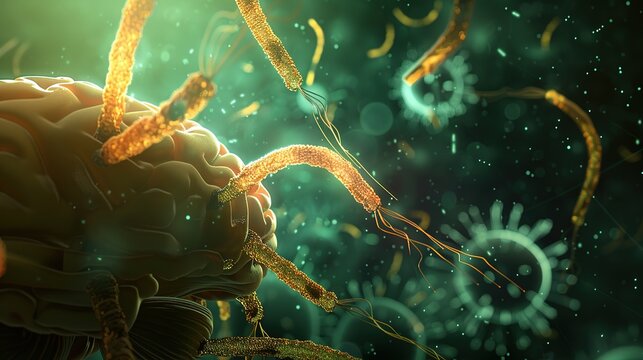 Close-up of a human brain with glowing microscopic parasites crawling on its surface, symbolizing infection and disease, representing medical and scientific concepts.