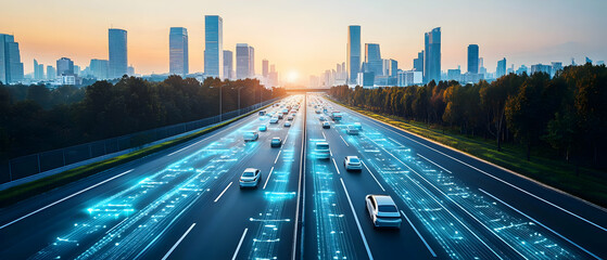 City highway sunset, autonomous cars