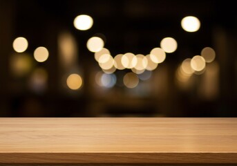 A wooden tabletop in sharp focus is set against a background of blurred warm lights, creating a bokeh effect and a cozy atmosphere with a shallow depth of field