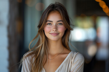Obraz premium Portrait of a beautiful young woman smiling and looking at camera. Woman portrait