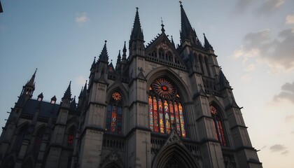 Fototapeta premium Gothic Cathedral with Stained Glass Windows Glowing at Dusk