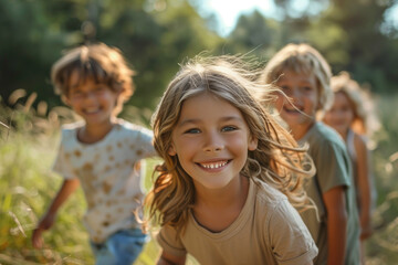 Fototapeta premium Happy kids playing outside and having fun together in summertime
