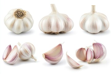 Fototapeta premium Multiple Views of Fresh Garlic Bulbs and Cloves on White Background