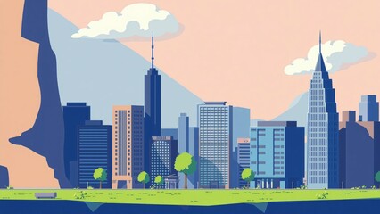 Stylized Cityscape with Mountain and Park, Modern Urban Panorama Illustration