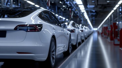 A modern automotive assembly line showcasing advanced robotics and vehicle production. Perfect for industrial, tech, and manufacturing-related projects