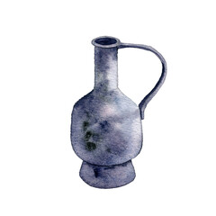 watercolor drawing silver jug, vintage pitcher isolated at white background, hand drawn illustration