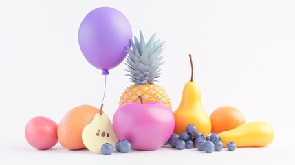 Colorful fruit still life with balloon; white background; party theme; stock photo