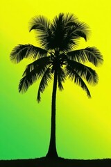 Single palm tree silhouette, sunglasses, yellow-green background, relax, tropical