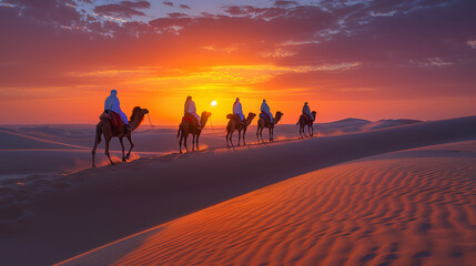 caravan in the desert at sunset