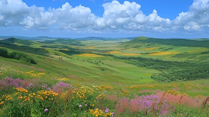 Vibrant Wildflower Meadow Landscape Under a Sunny Summer Sky