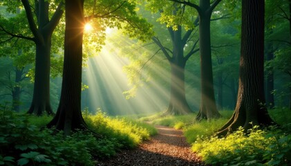 Obraz premium Towering trees, sunlight dappled forest floor, summer, detail