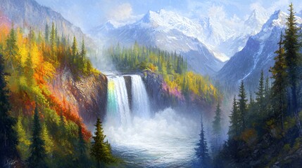 Autumn Waterfall in Mountain Landscape