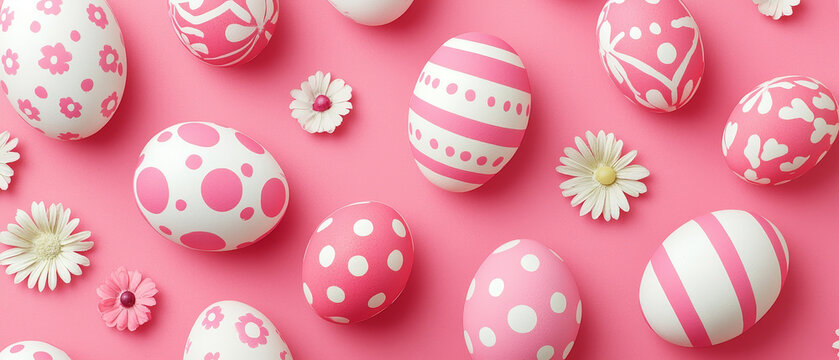 Pink and white Easter eggs with floral decorations on a pink background