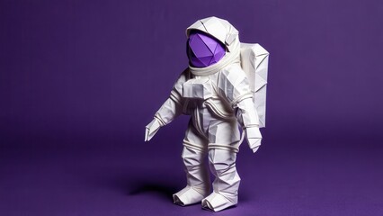  A whimsical origami astronaut stands against a vibrant purple backdrop