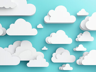 Obraz premium Paper cloudscape: Fluffy white clouds on a light blue background