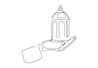 Continuous single line sketch drawing of hand holding islamic arabic lantern ramadan kareem eid mubarak vector illustration