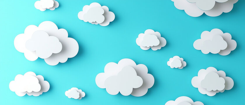 Paper cloudscape:  White clouds float on a vibrant blue background