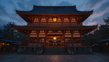 Fototapeta premium Traditional Japanese Temple Glowing with Lanterns at Twilight