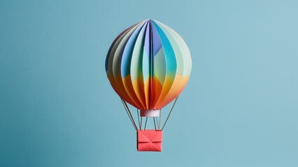  A whimsical paper hot air balloon floats gracefully against a serene blue background