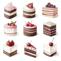 cake, cupcake, food, dessert, sweet, chocolate, vector, cream, birthday, strawberry, candy, bakery, set, illustration, cherry, cartoon, muffin, pattern, pastry, fruit, pie, party, sugar, cute, berry, 
