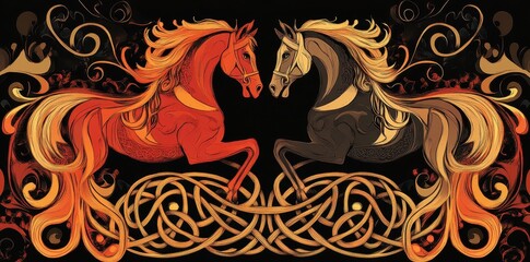 Obraz premium Two stylized horses face each other in an ornamental design