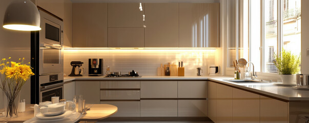 Bright and airy small modern kitchen with L shaped layout, featuring sleek cabinets, natural light, and stylish decor. perfect blend of functionality and aesthetics