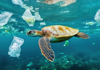Obraz premium Sea turtle swimming gracefully through ocean waters contaminated with plastic waste highlighting environmental pollution and the impact on marine life