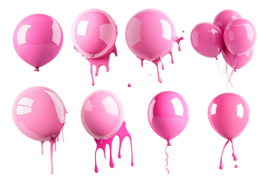 Pink liquid shapes - glossy abstract spheres dripping and splashing  isolated on transparent background PNG