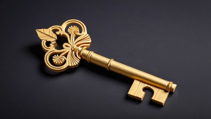 a beautifully crafted antique golden key resting on a dark surface