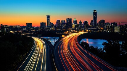 A vibrant city skyline at dusk, featuring illuminated skyscrapers and traffic trails along a highway, reflecting the beauty of urban life.