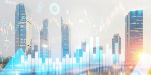 Obraz premium High Contrast Cityscape Infographic Featuring Modern Skyscrapers and Trend Graphs in a Themed Urban Environment