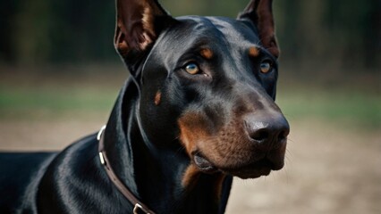 A sleek, muscular black Doberman dog with a powerful, intimidating muzzle, its dark coat glistening in the light, its eyes piercing and alert, its ears erect and pointed, its facial features strong an