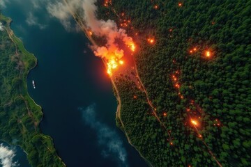 Satellite scans forest fire, identifying hotspots & damage extent, heat map, emergency response, fire detection