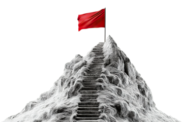 Rocky mountain with a staircase leading to the summit, topped with a red flag, symbolizing achievement and success, isolated on transparent cutout background