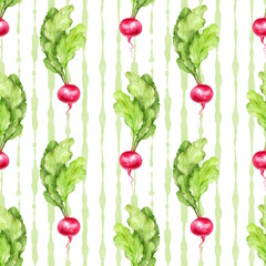 Hand-drawn radish with leaves, vegetable seamless pattern. Striped background