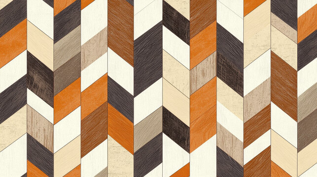 Chevron wood pattern in orange, brown, beige, and dark gray