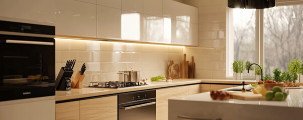 Modern kitchen with L shaped layout featuring sleek cabinetry, stainless steel appliances, and bright atmosphere. Ideal for cooking and entertaining